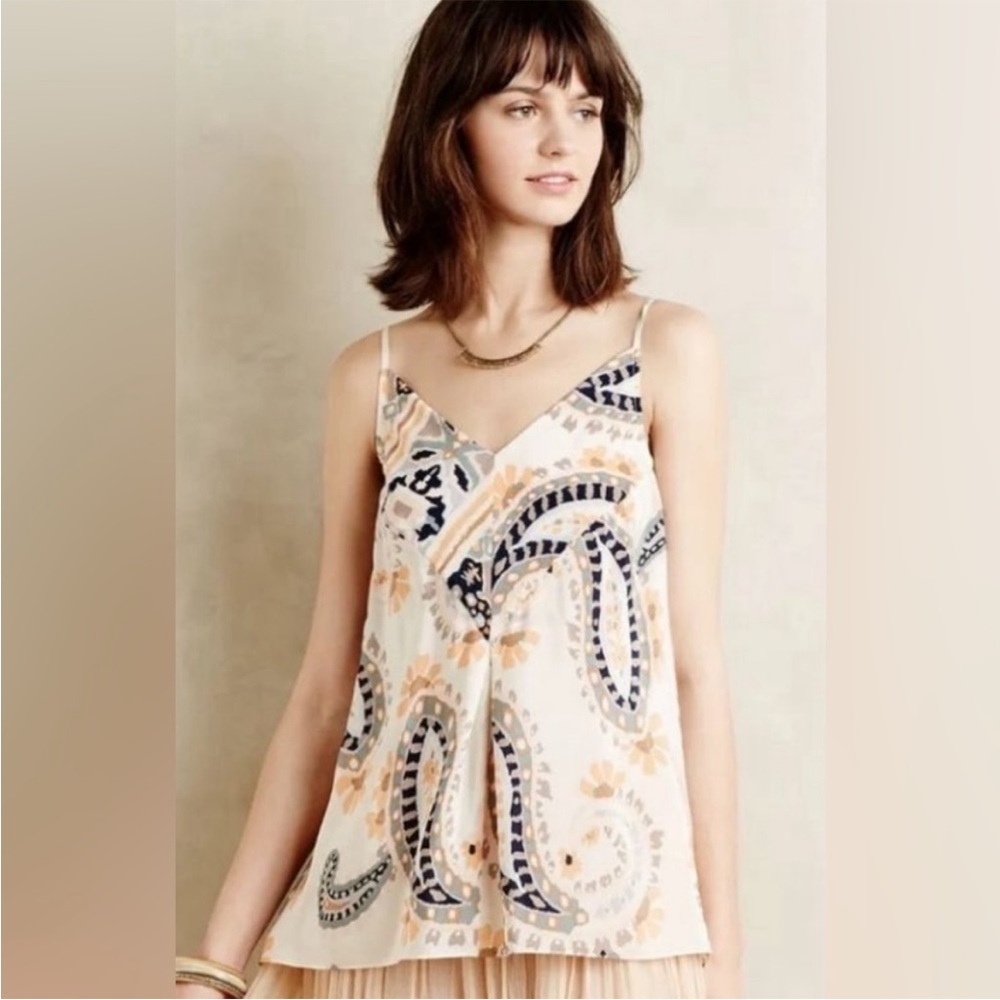 Anthropologie Cream Paisley Print Silk Camisole with Navy and Peach Accents